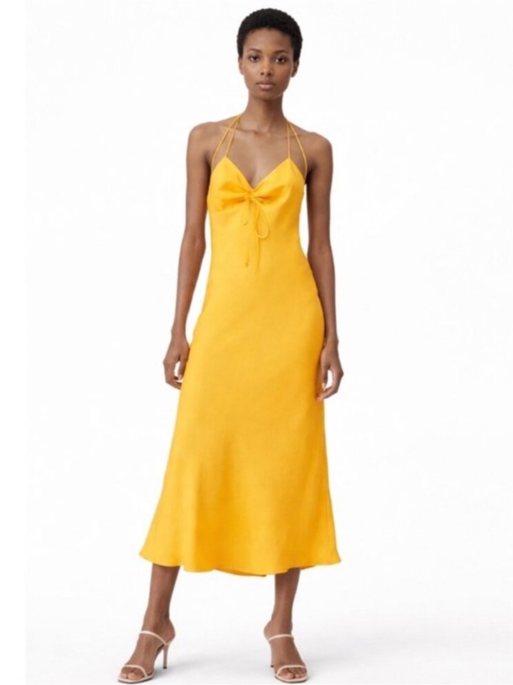 NWT Zara Tangerine Satin Effect Ruched Detail Slip Midi Dress